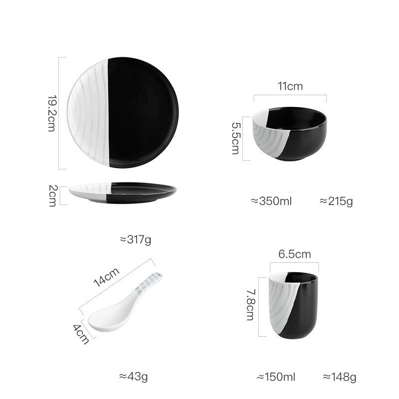 Ceramic Dinnerware Set with Bowls Cups & Spoons - Black & White