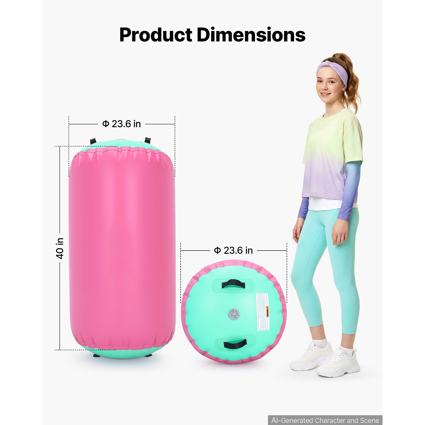 Inflatable Gymnastics Air Roller 23.6x40 Inches Tumble Mat for Back Handspring Training, Pink
