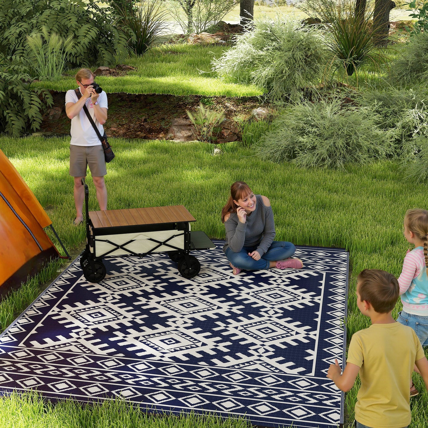 Reversible Waterproof Outdoor Rug - Blue & White Rhombus, 9x12