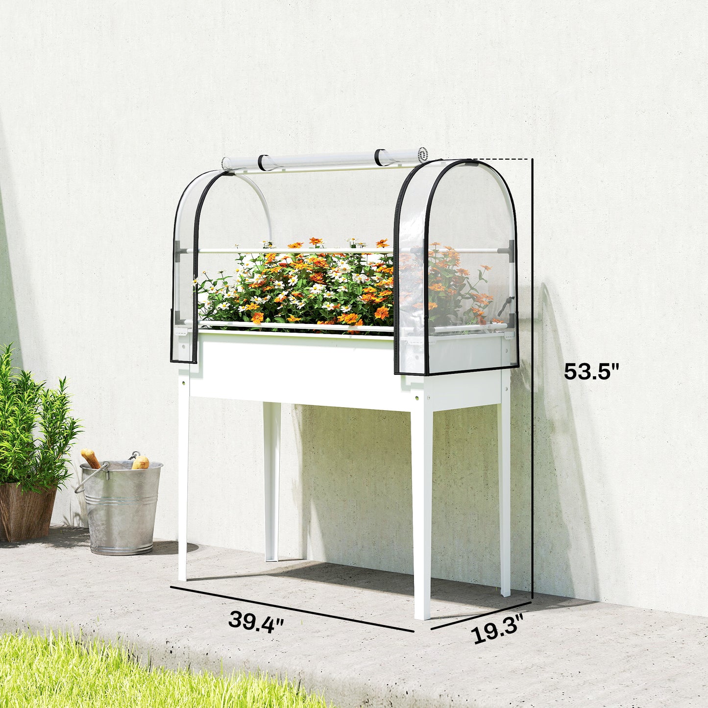 Raised Garden Bed with Flip-Up Greenhouse Cover - Metal Elevated Planter with Drainage, White, 1110x510x85 mm