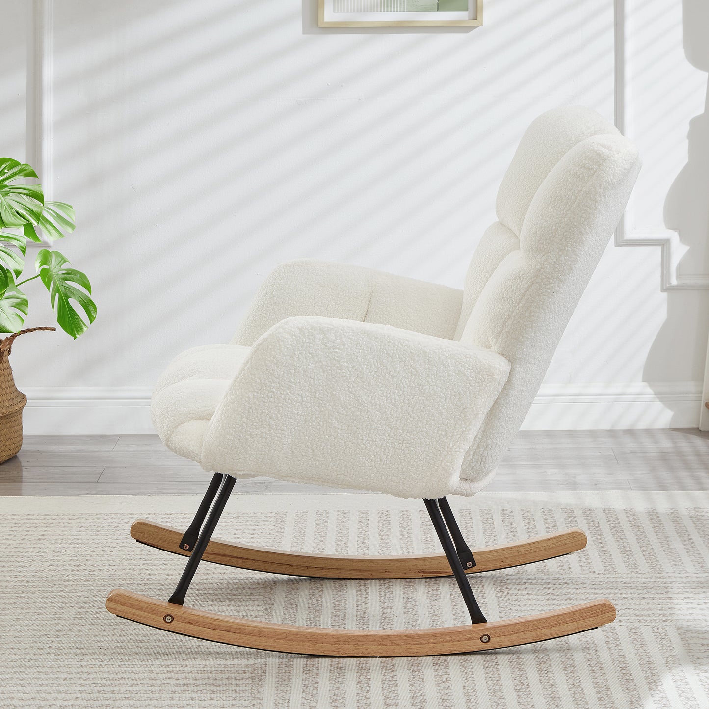 Ivory Upholstered Teddy Fabric Rocking Chair - Ergonomic Design