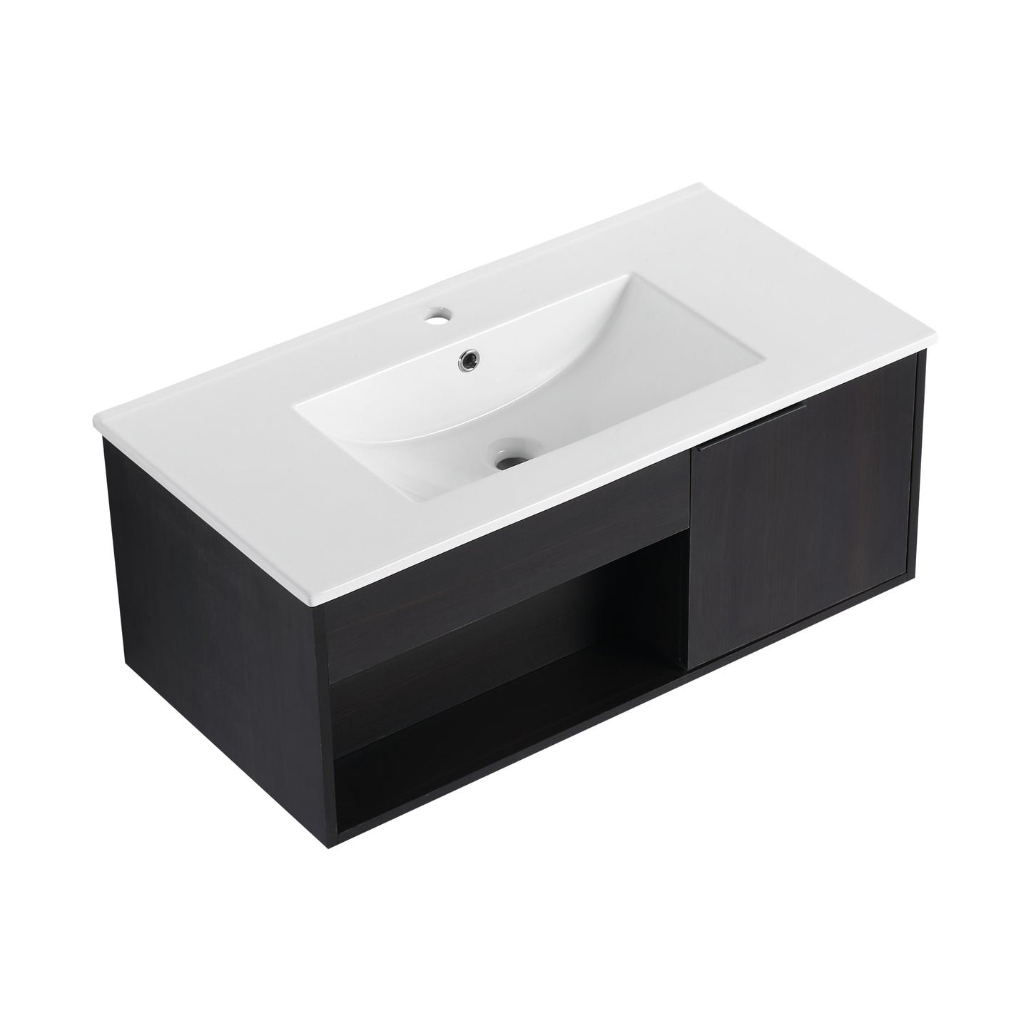 36" Wall-Mounted Bathroom Vanity with Ceramic Sink - Dark Oak