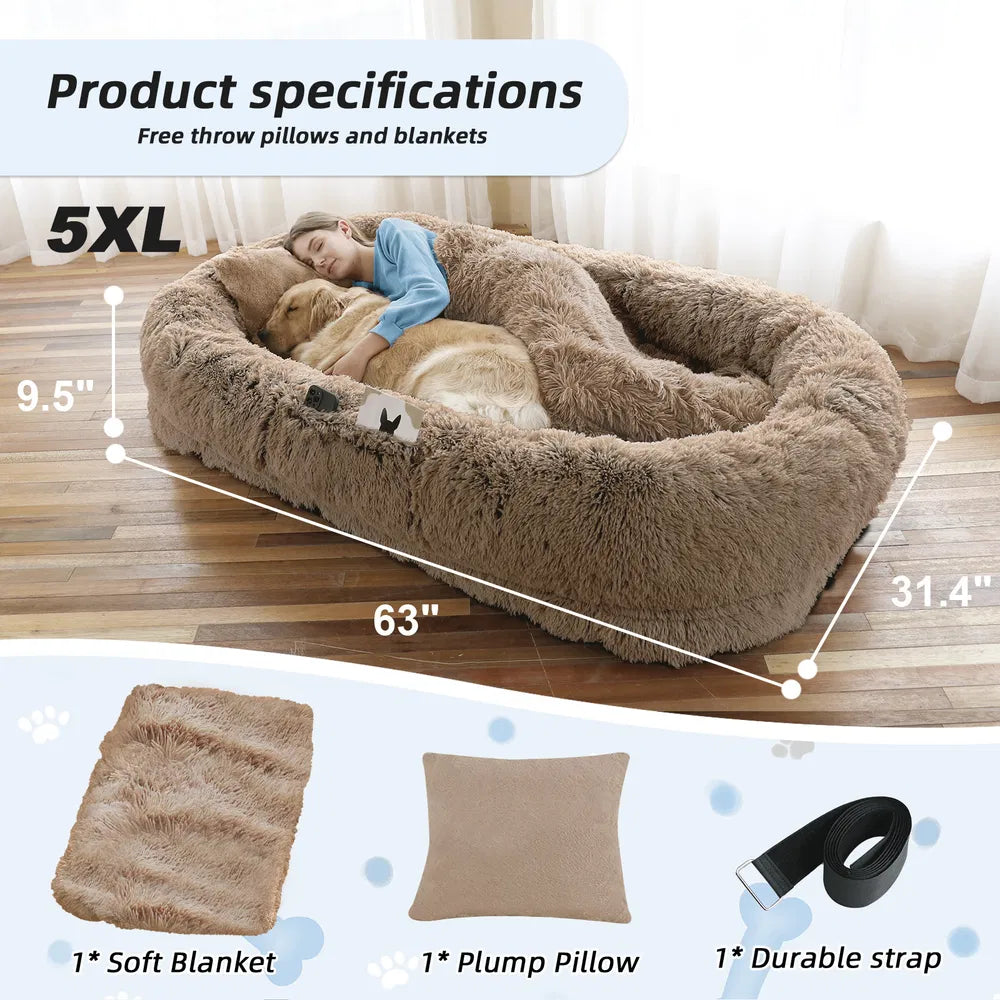 Large Human Dog Bed with Faux Fur Cover, Orthopedic Napping Pillow & Blanket