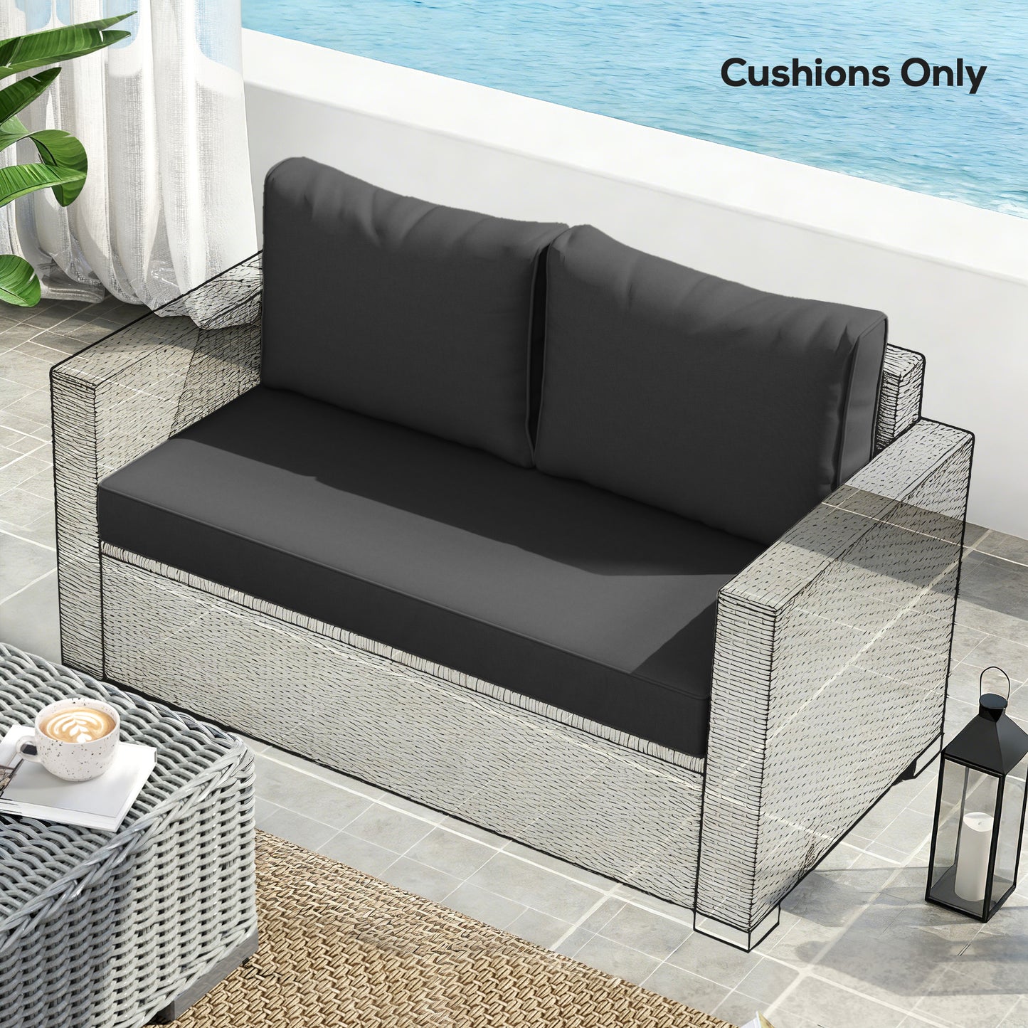 Outdoor Loveseat Cushion Set - Thick, Removable Covers, Black