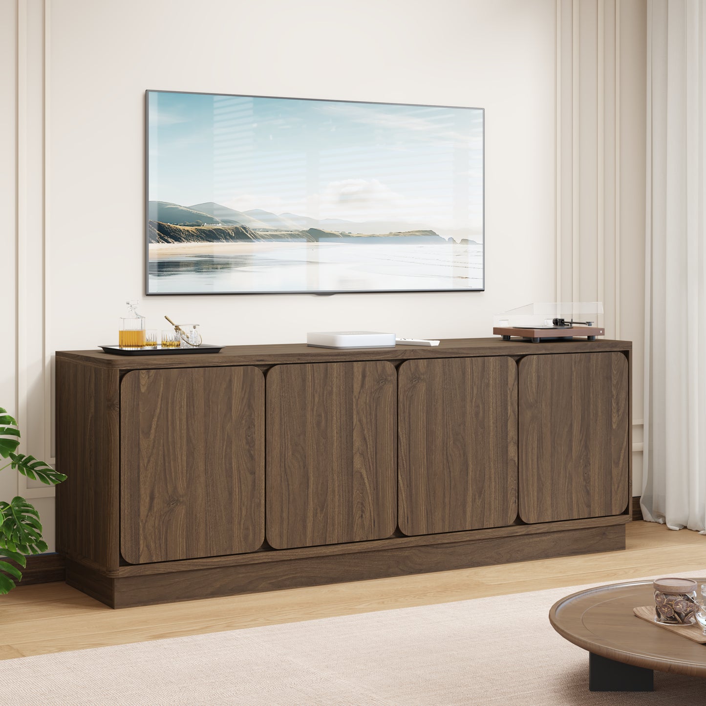 63 Inch Walnut TV Stand with 4 Storage Doors - Modern Media Console