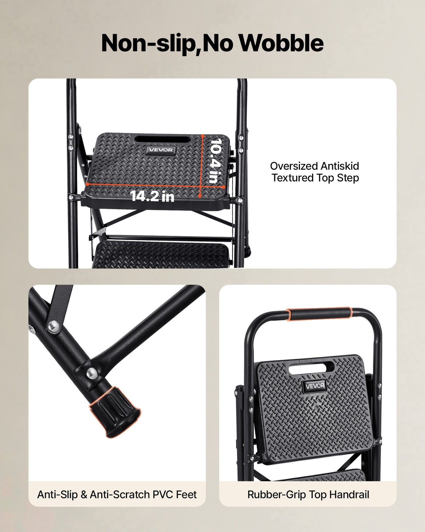 2-Step Folding Ladder with Anti-Slip Pedal & Handgrip, 600 lbs Capacity, Black