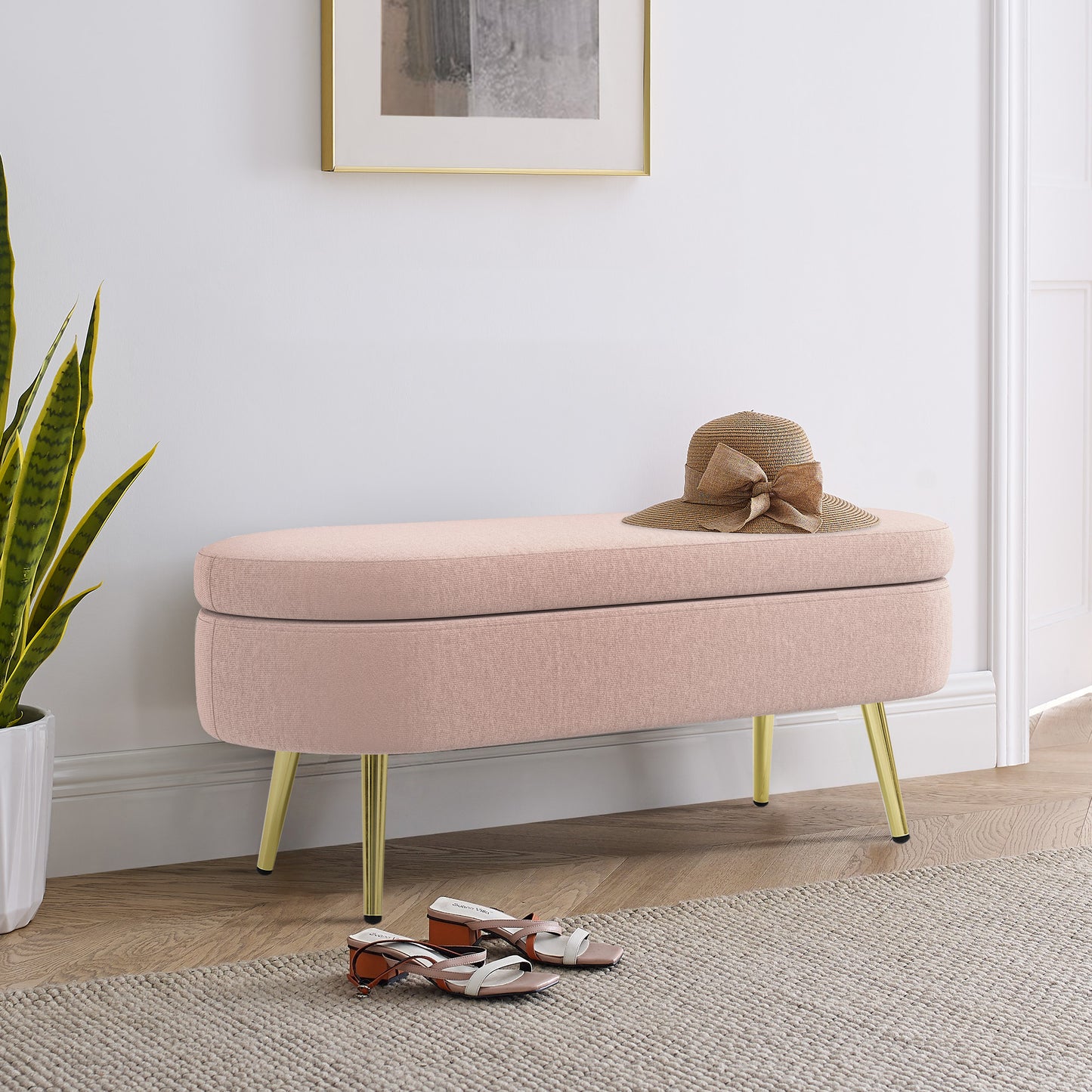 Pink Oval Storage Ottoman Bench with Flannel and Metal Legs