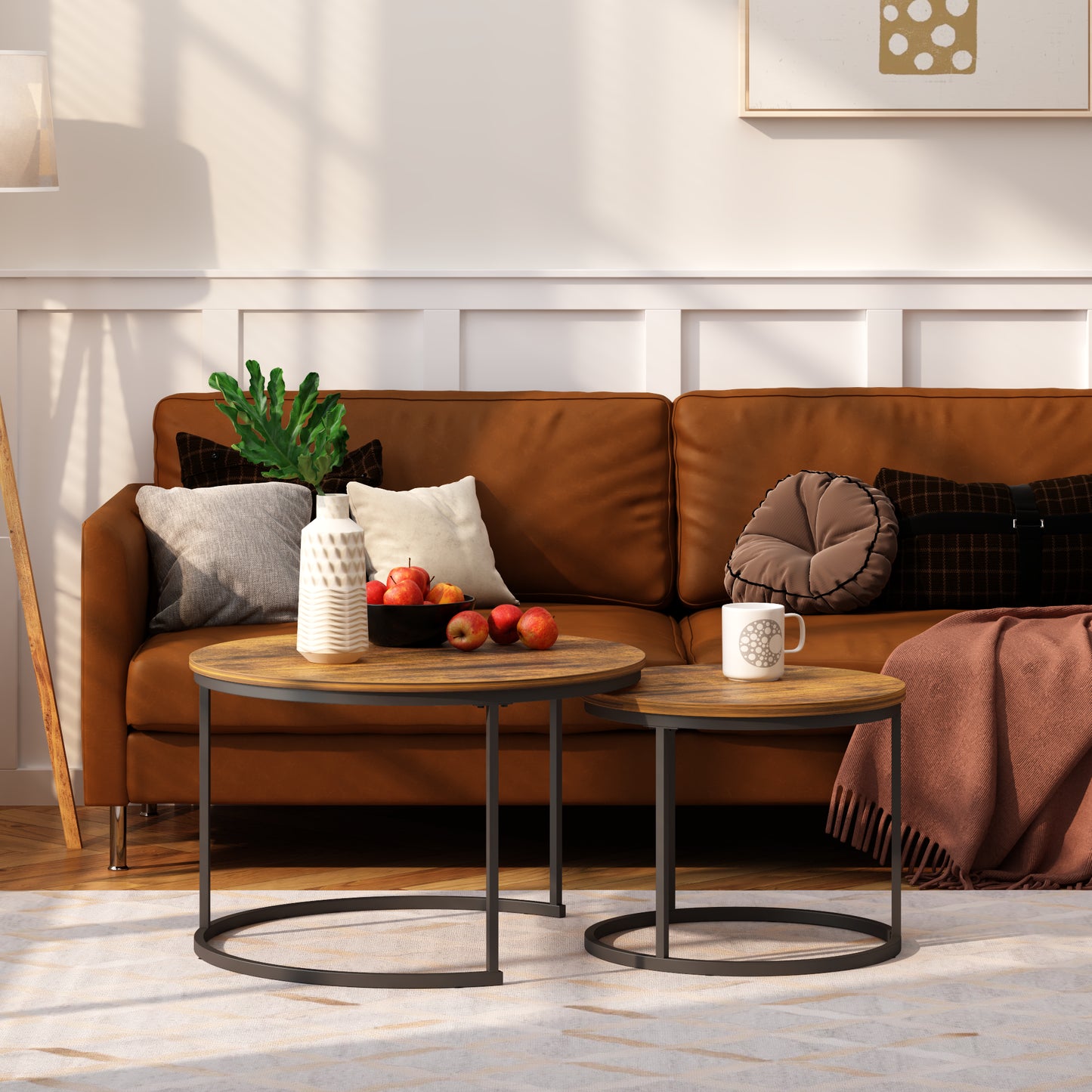 Nesting Coffee Table Set of 2 - Round Wood & Metal, Rustic Brown