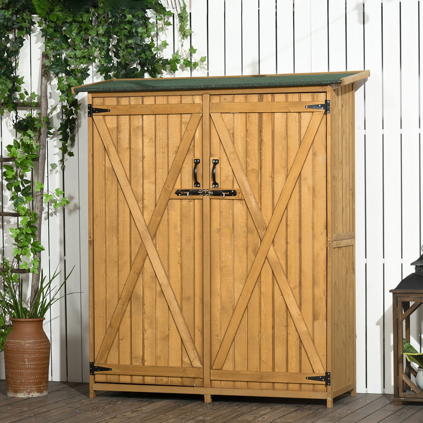 Outdoor Wooden Garden Storage Shed with Waterproof Asphalt Roof - Lockable, 3-Tier Shelves, Natural Finish