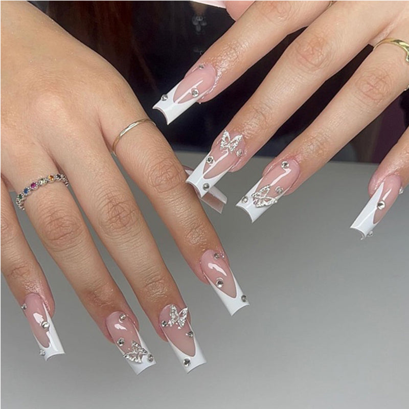 24-Piece Long Square Press-On Nails - Pink Diamond Butterfly Design
