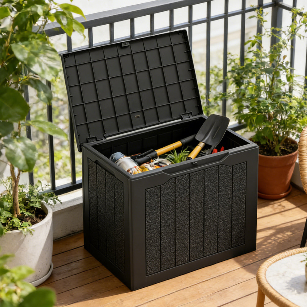 Outdoor Storage Box 25 Gallon Lockable Deck Bin with Wicker Texture