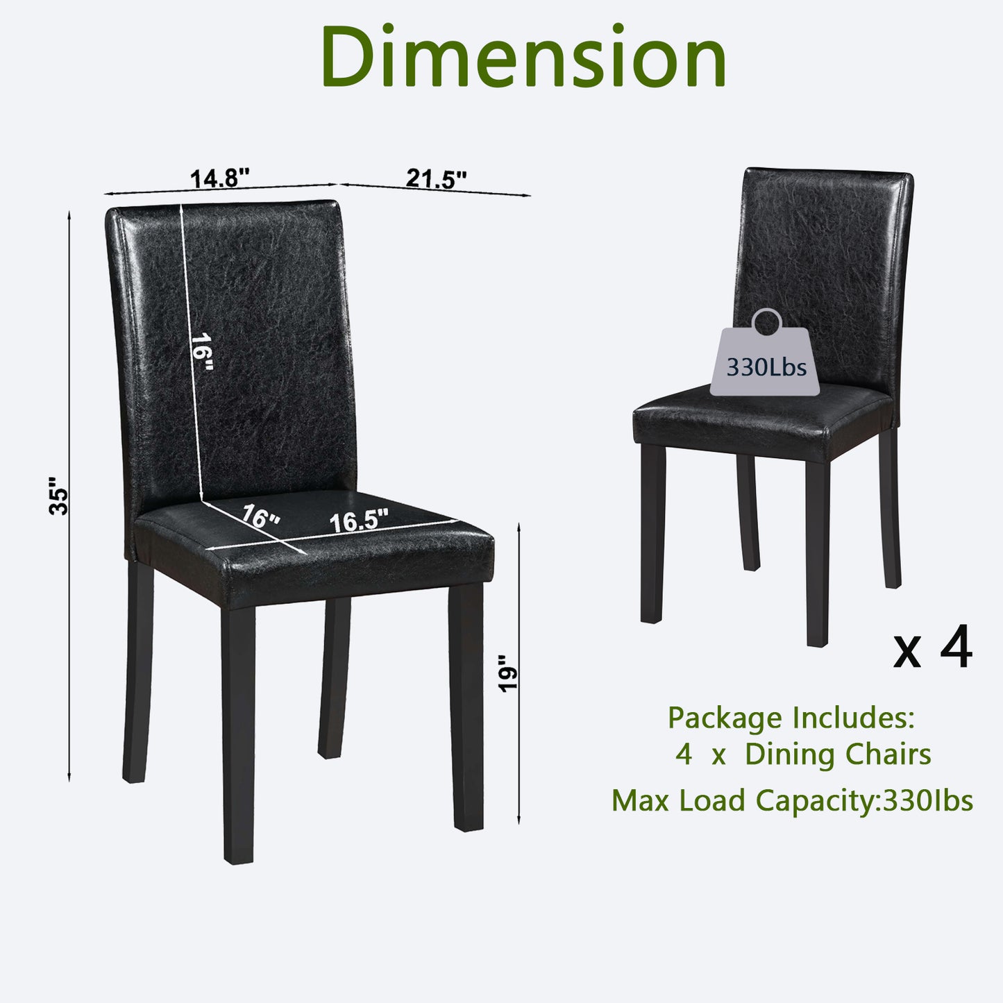 Black Padded Dining Chairs Set for 4 - Solid Rubber Wood
