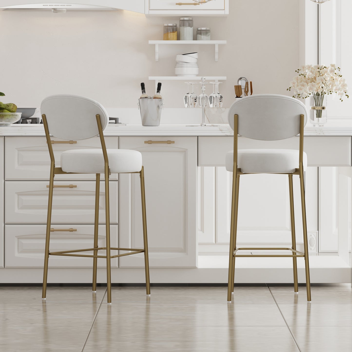 29" Velvet Bar Stools Set of 2 with Backrest & Footrest - Creamy White