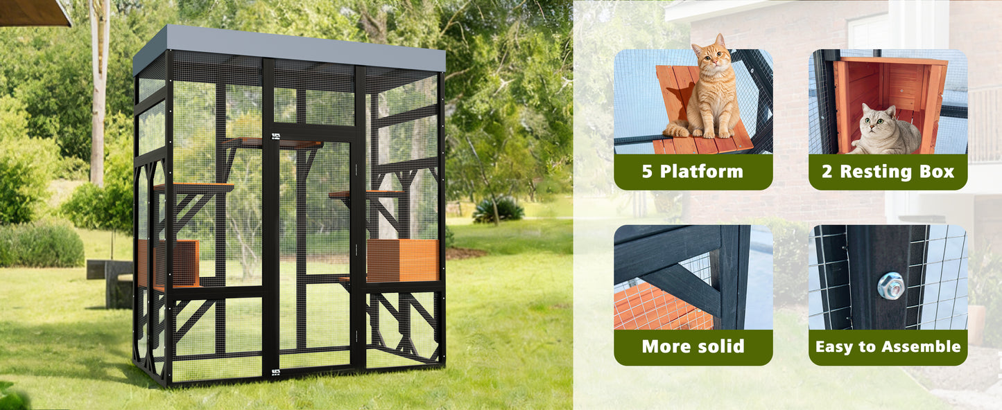 Large Wooden Cat Enclosure with Waterproof Cover and Multiple Platforms