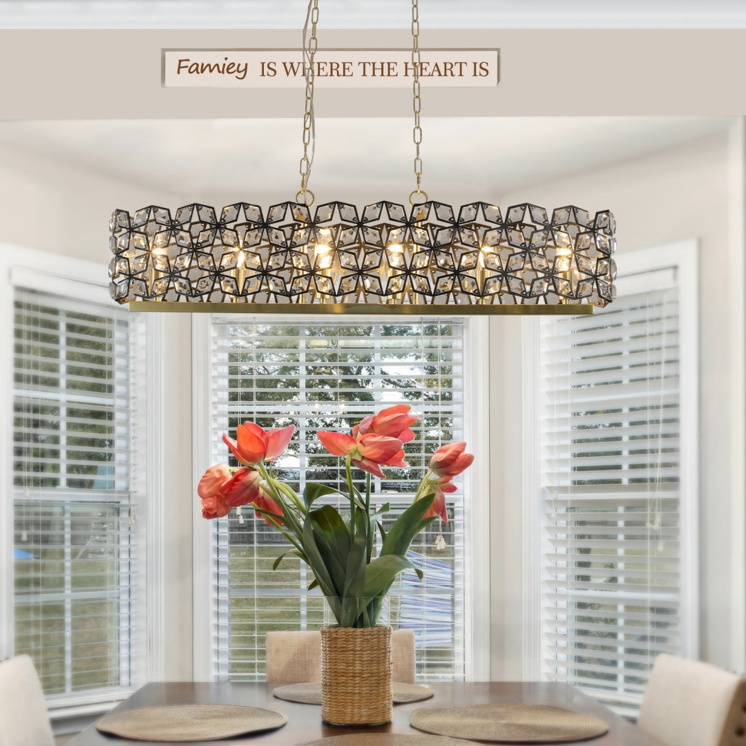Contemporary Crystal Pendant Chandelier - Black & Gold Modern Light Fixture for Dining Room