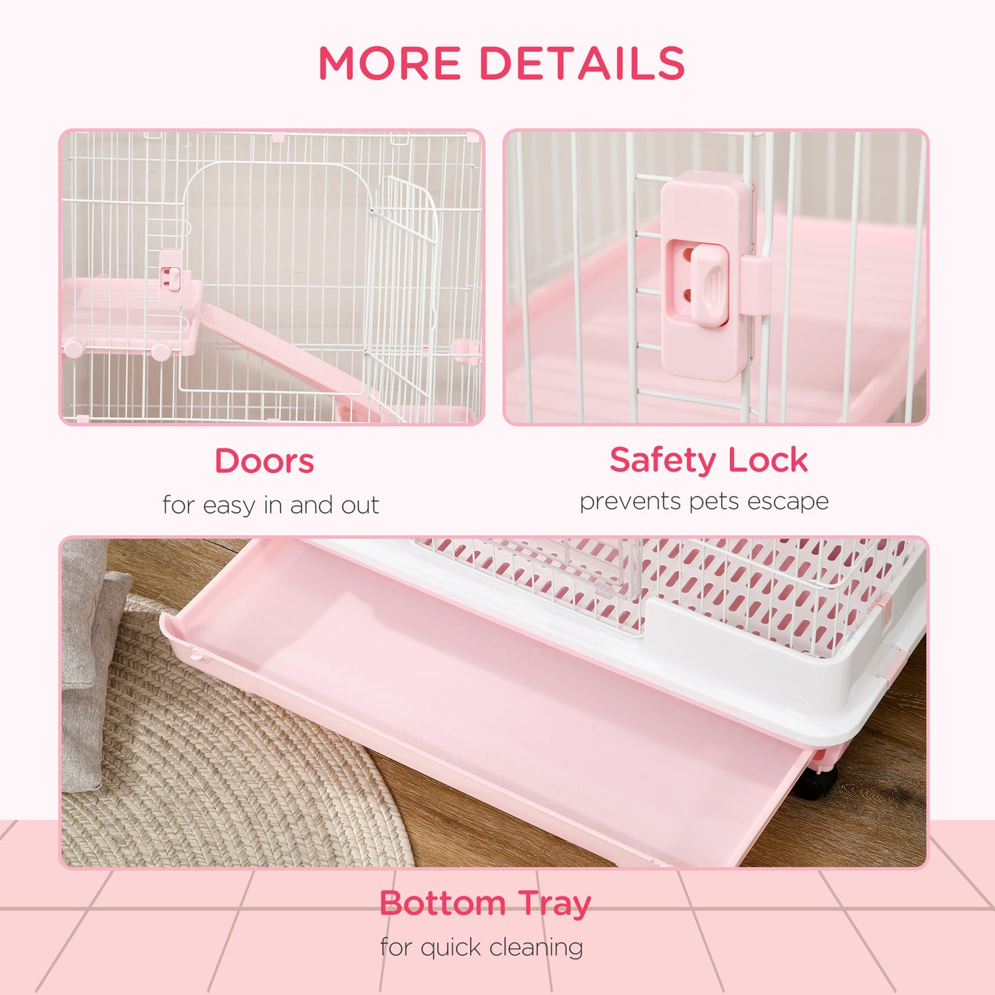Small Animal Cage with Wheels & Slide-Out Tray for Rabbits, Chinchillas, Ferrets - Pink, 32 Inches