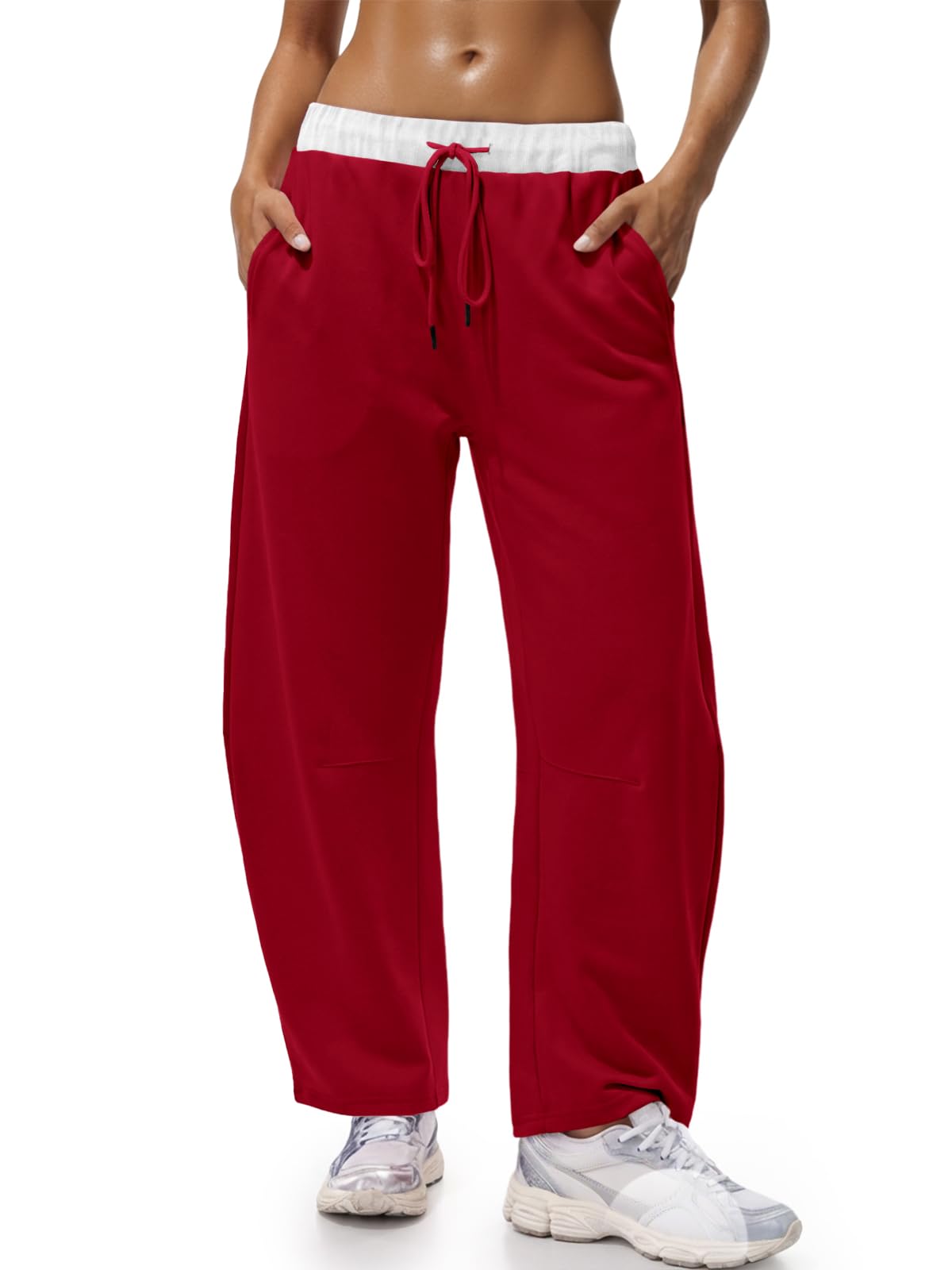 Wide Leg Sweatpants with Drawstring Waist and Pockets - Color Block