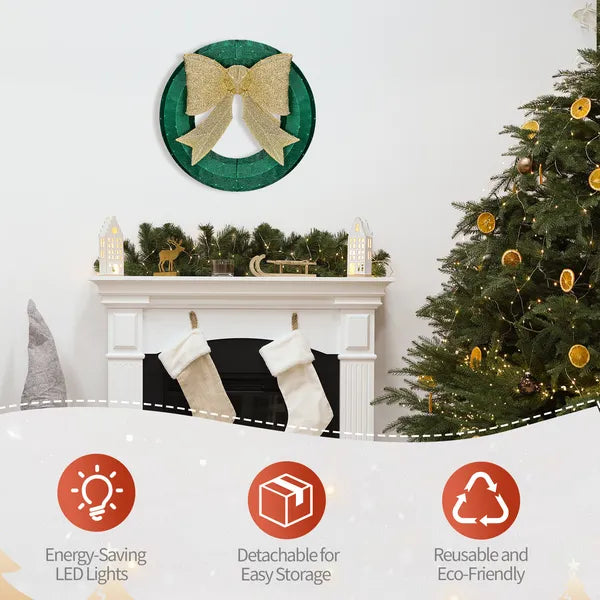 Pre-Lit Outdoor Christmas Wreath with Golden Bow - 24-Inch