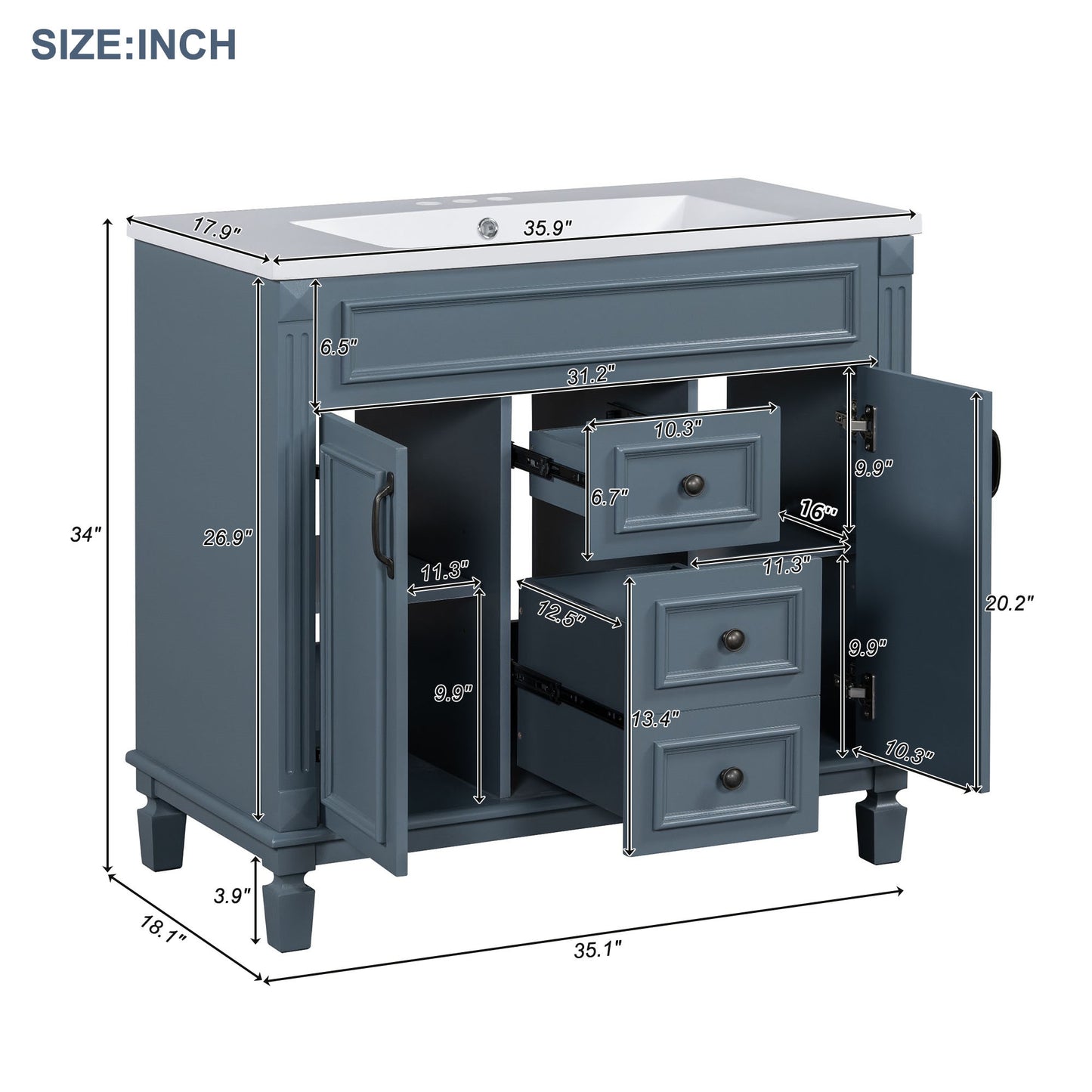 36'' Modern Bathroom Vanity with Blue Sink & Mirror Cabinet