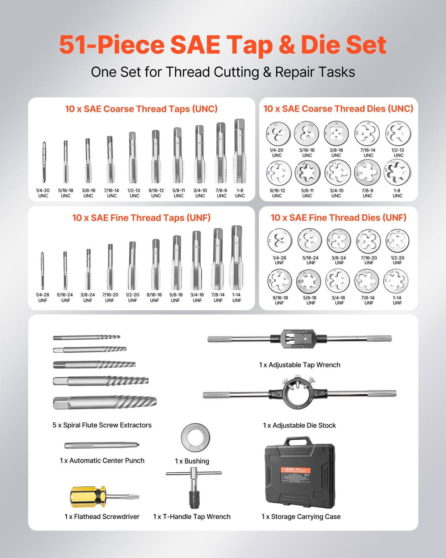 51-Piece SAE Tap and Die Set with Chrome Vanadium Steel, Threading Tools and Carrying Case