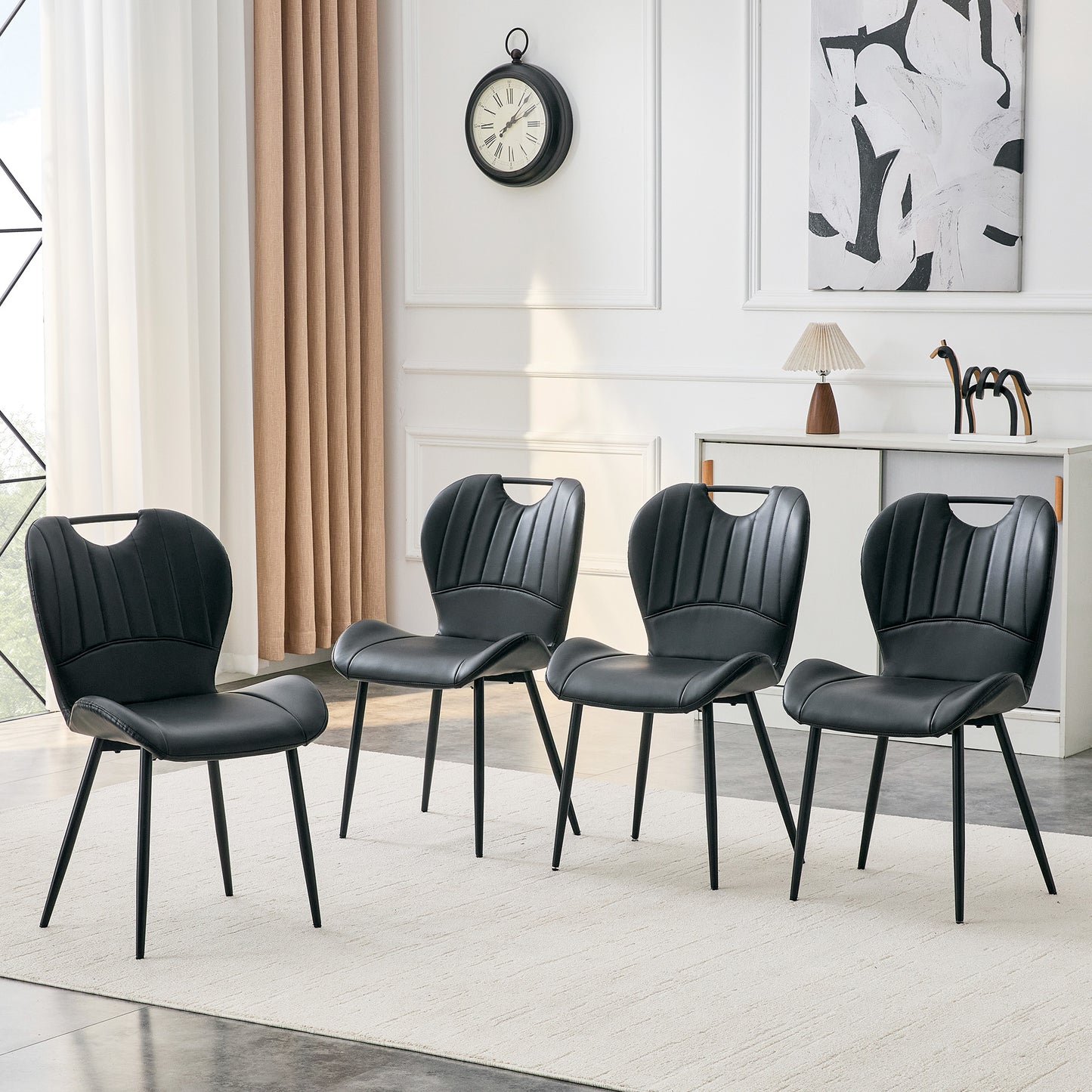 Set Of 4 Black PU Dining Chairs With Integrated Handle. Metal Frame,