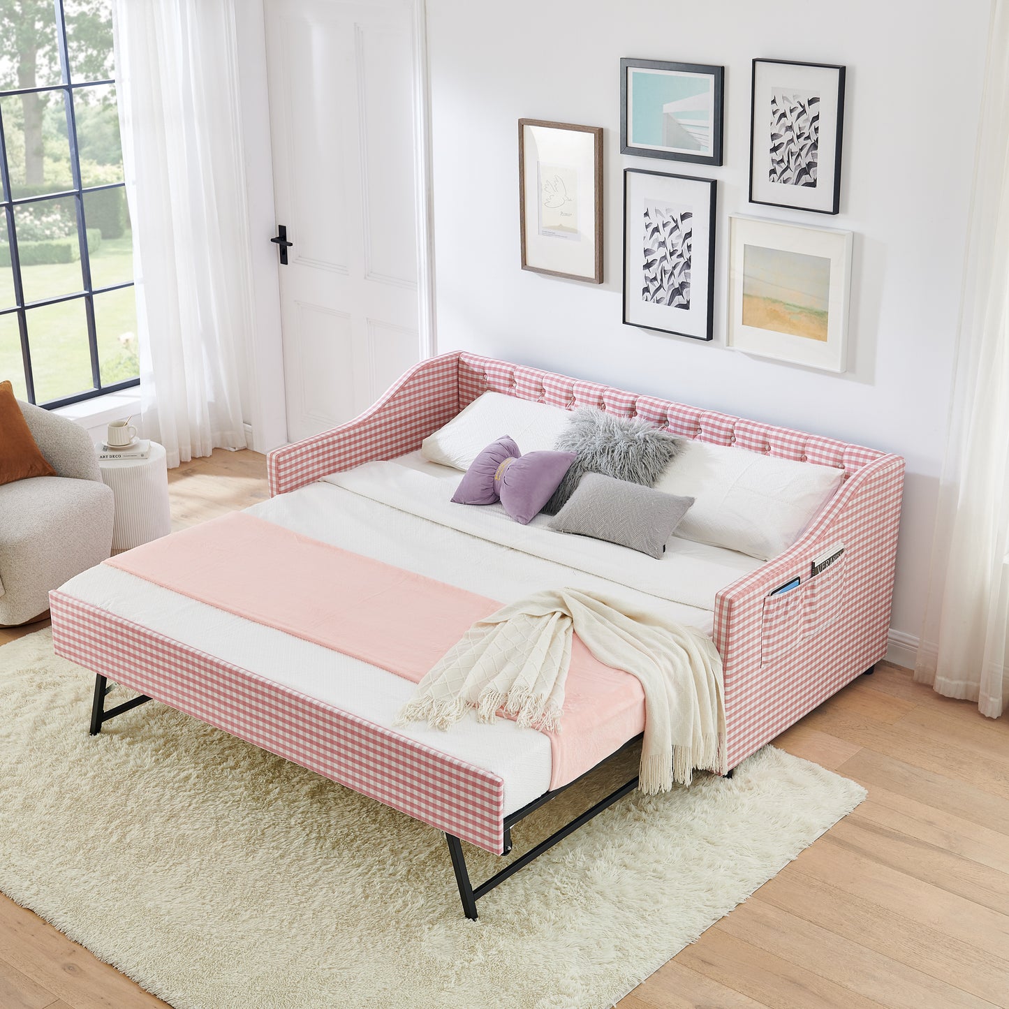 Twin Size Upholstered Daybed with Trundle & Storage - Pink