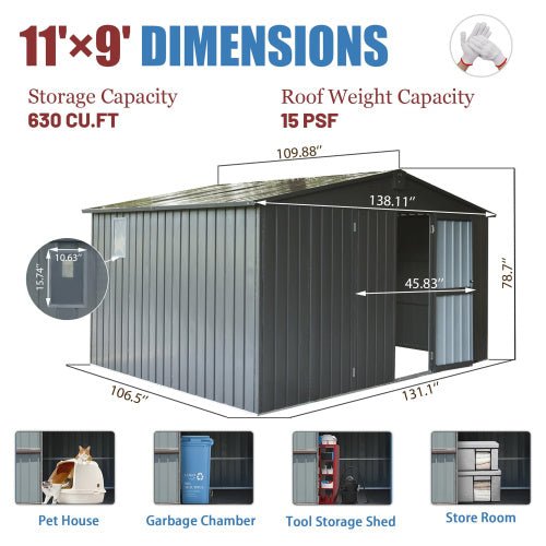 11x9 Metal Garden Storage Shed with Galvanized Steel Frame & Windows, Lockable Door - Dark Gray