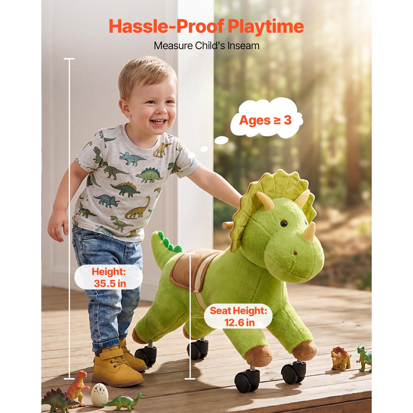 Ride-On Dinosaur Toy for Kids - Lifelike Roars, No Battery, 360° Wheels, Soft Seat, Max 88 lbs