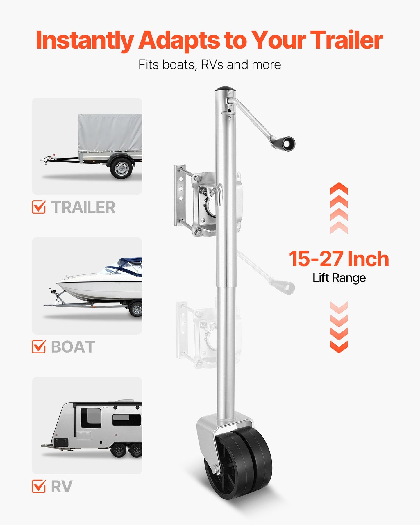 Heavy Duty Trailer Jack with Wheel – 2000 lb Capacity, 15-27 Inch Lift Range, Rust-Resistant, Fits RVs & Boat Trailers
