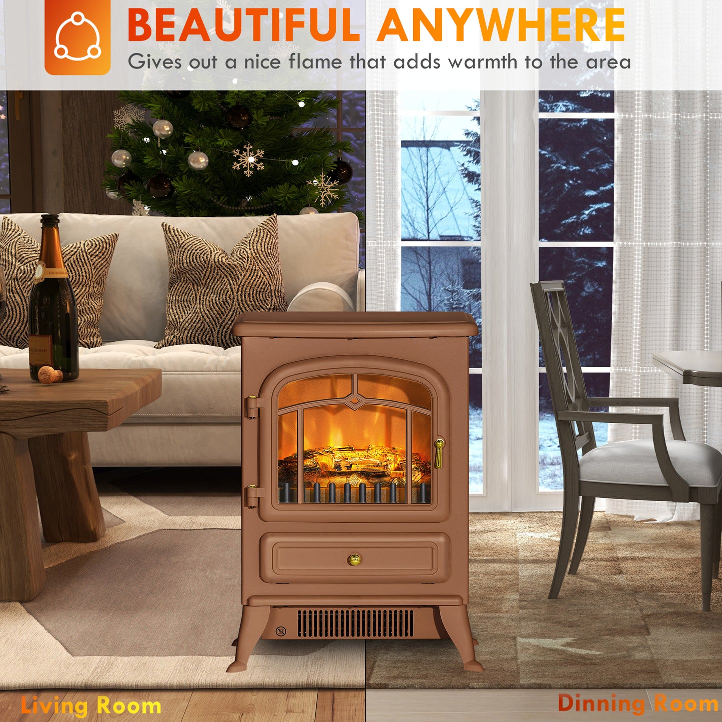 Electric Fireplace Heater with Realistic LED Flames and Logs, 725W/1450W, Dark Brown
