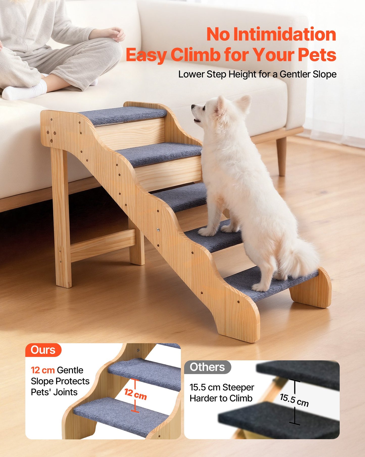 Wood Pet Stairs for Dogs and Cats - 5-Step Support for Beds, Sofas & Cars