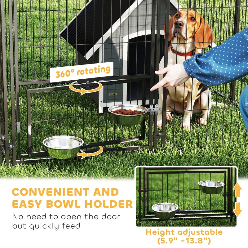 Large Outdoor Dog Kennel with 2 Rooms, Adjustable Bowls, Steel Frame, Coffee