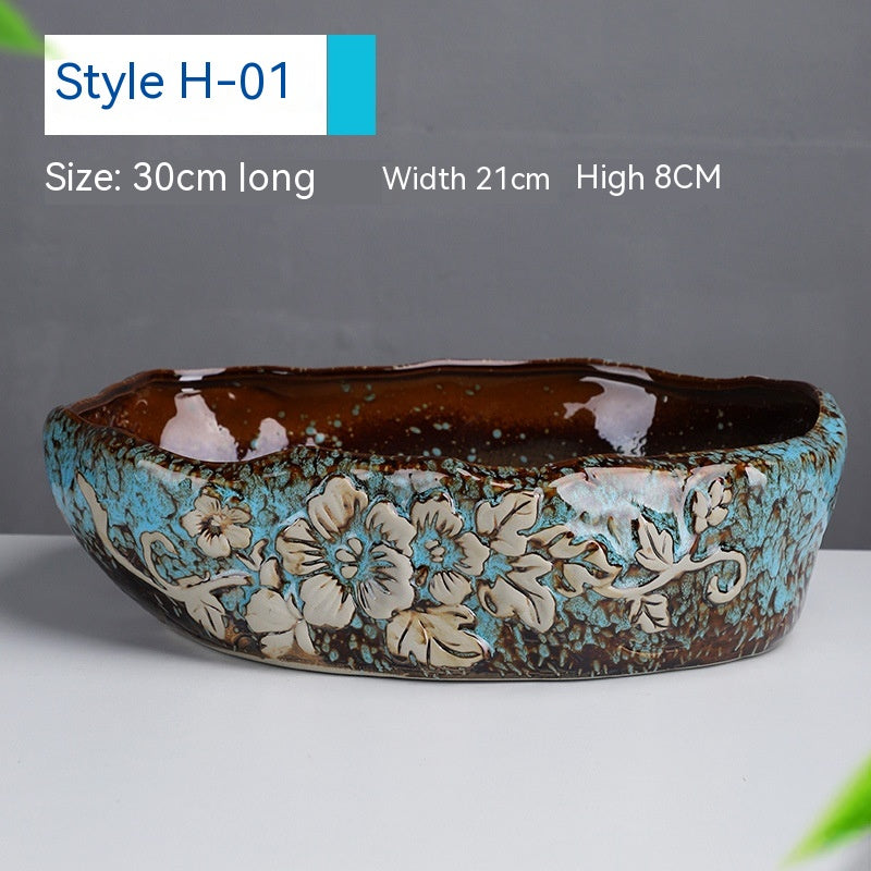 Large Ceramic Flower Pot with Shallow Mouth and Oval Rectangular Design for Home Garden
