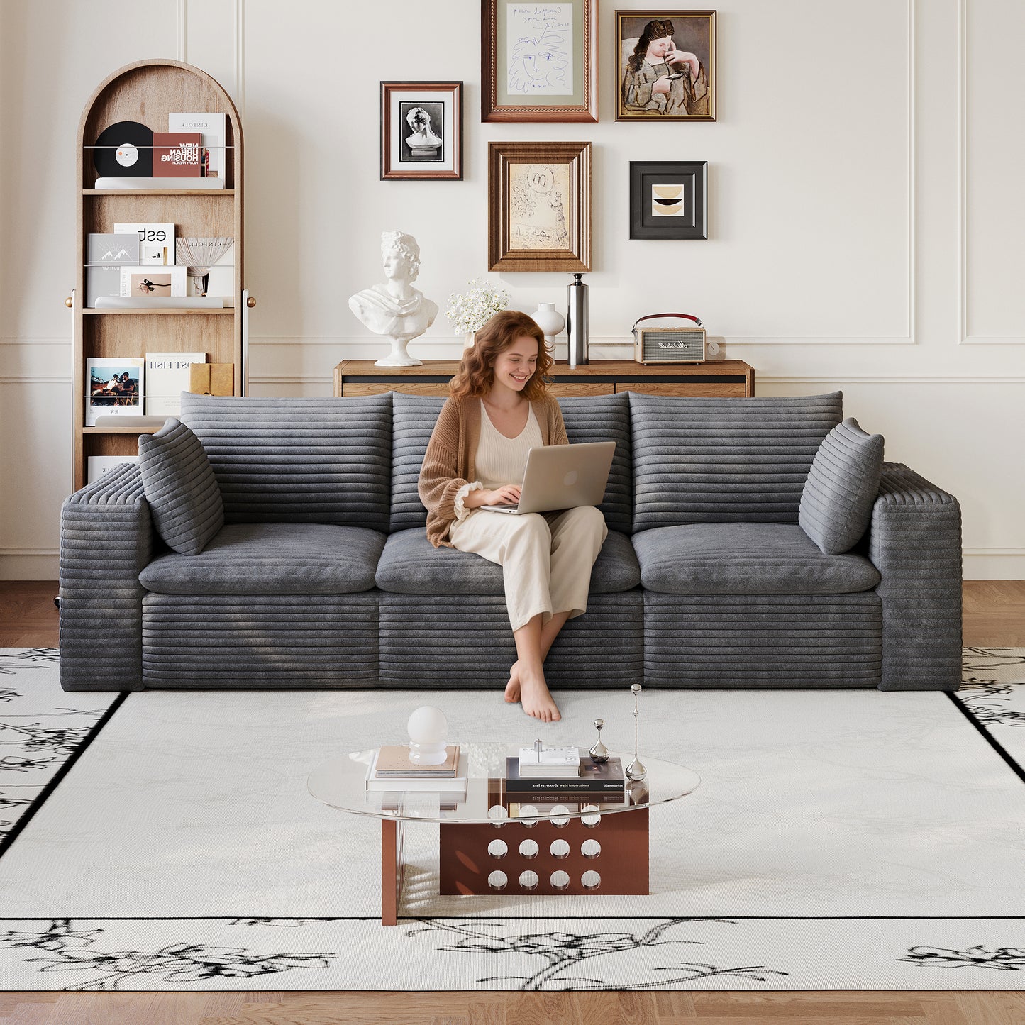 102" Cloud Sofa - Corduroy Fabric, Deep Seat, Removable Cushion, Dark Grey