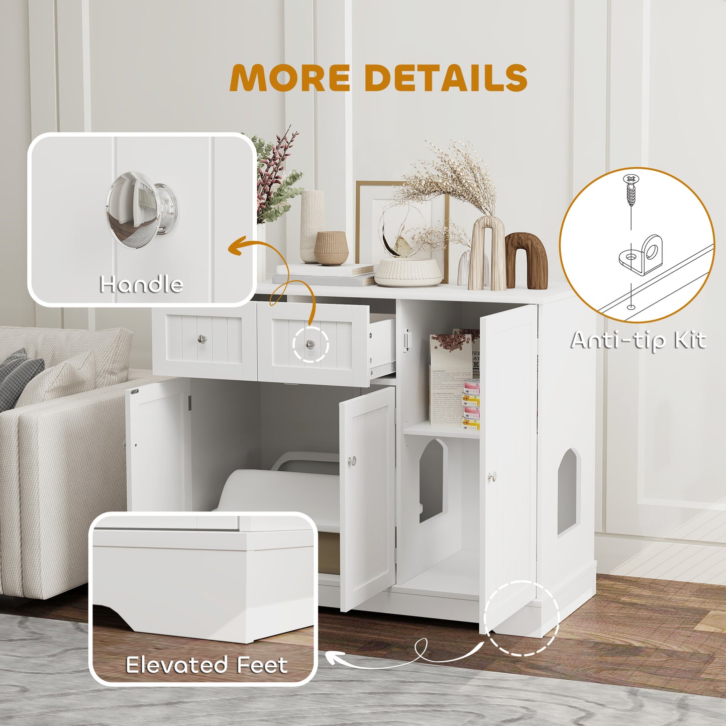 Cat Litter Box Enclosure with Drawers and Storage - White, 39 inch