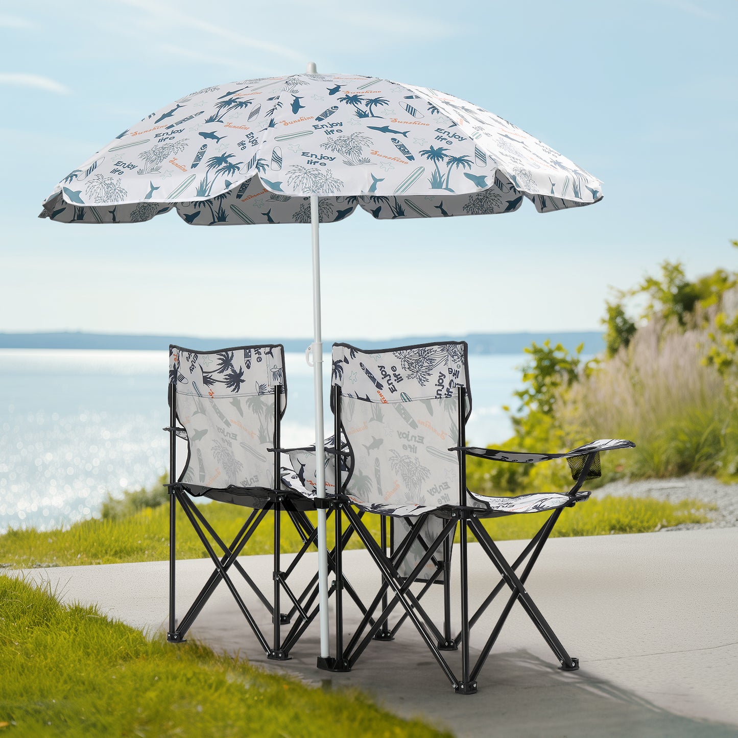 Portable Outdoor 2-Seat Fishing Chair with Removable Umbrella - Coconut Tree Pattern