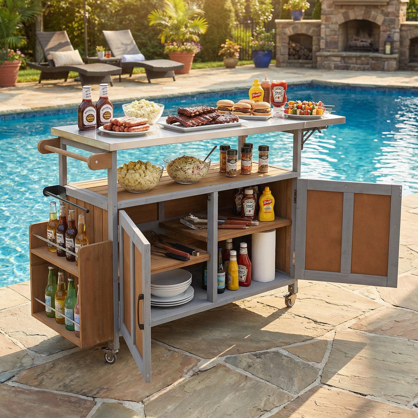Foldable Outdoor Kitchen Island Patio Mobile Cart Portable Cooking