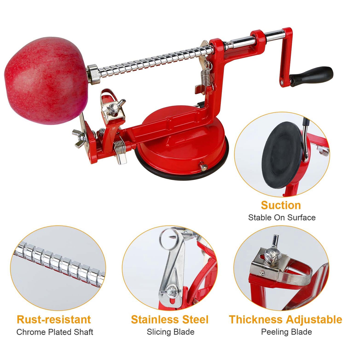 3-in-1 Apple Peeler, Slicer & Corer with Suction Base - Red
