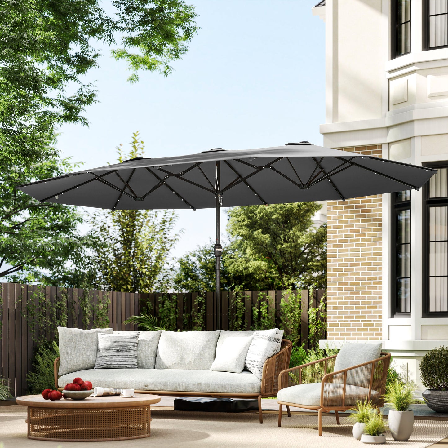 Double-Sided 14.4ft Garden Parasol with Solar LED Lights - Gray