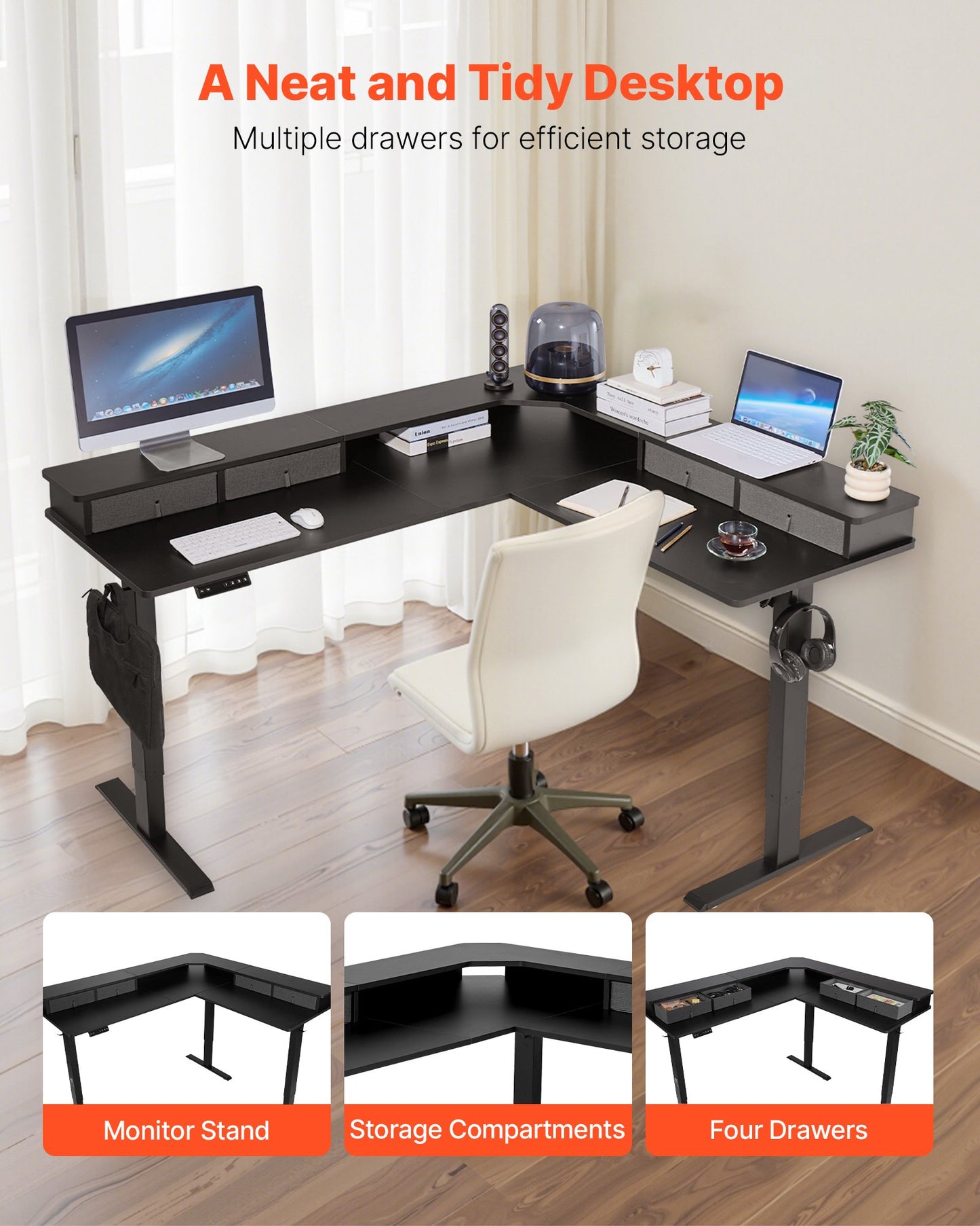 Electric Adjustable Height L-Shaped Corner Desk with Drawers - Black