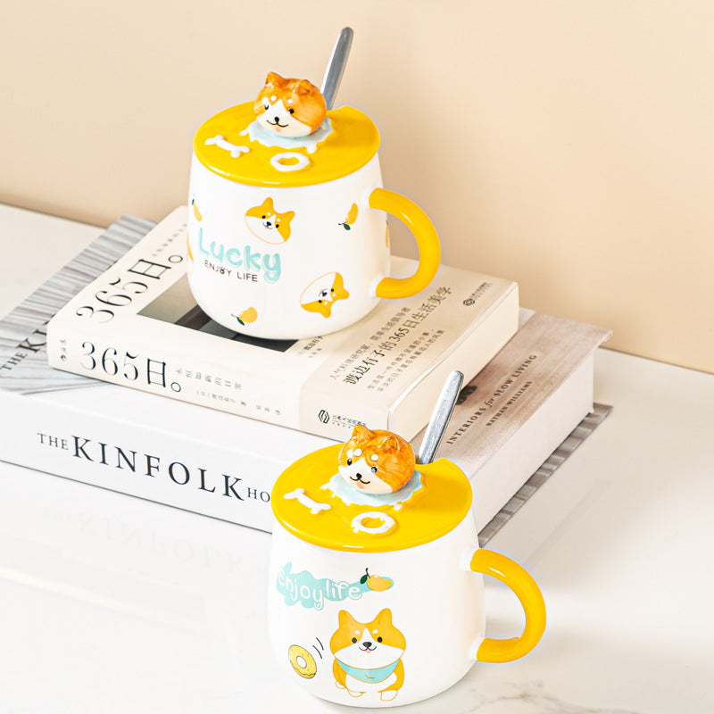 Cute Cartoon Ceramic Mug with Lid and Spoon - 4 Styles, 301-400ml