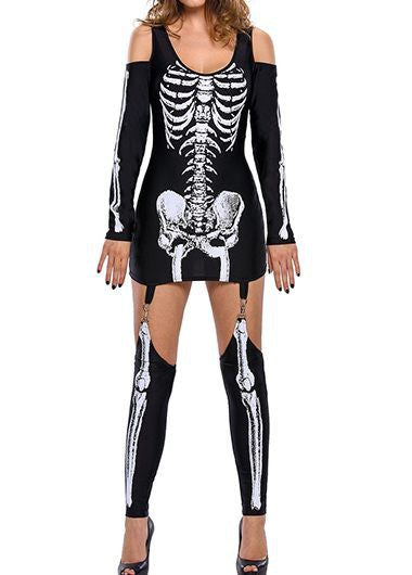 Skeleton Skeleton Printed Sexy Off-the-Shoulder Halloween Costume - Black, Multiple Sizes