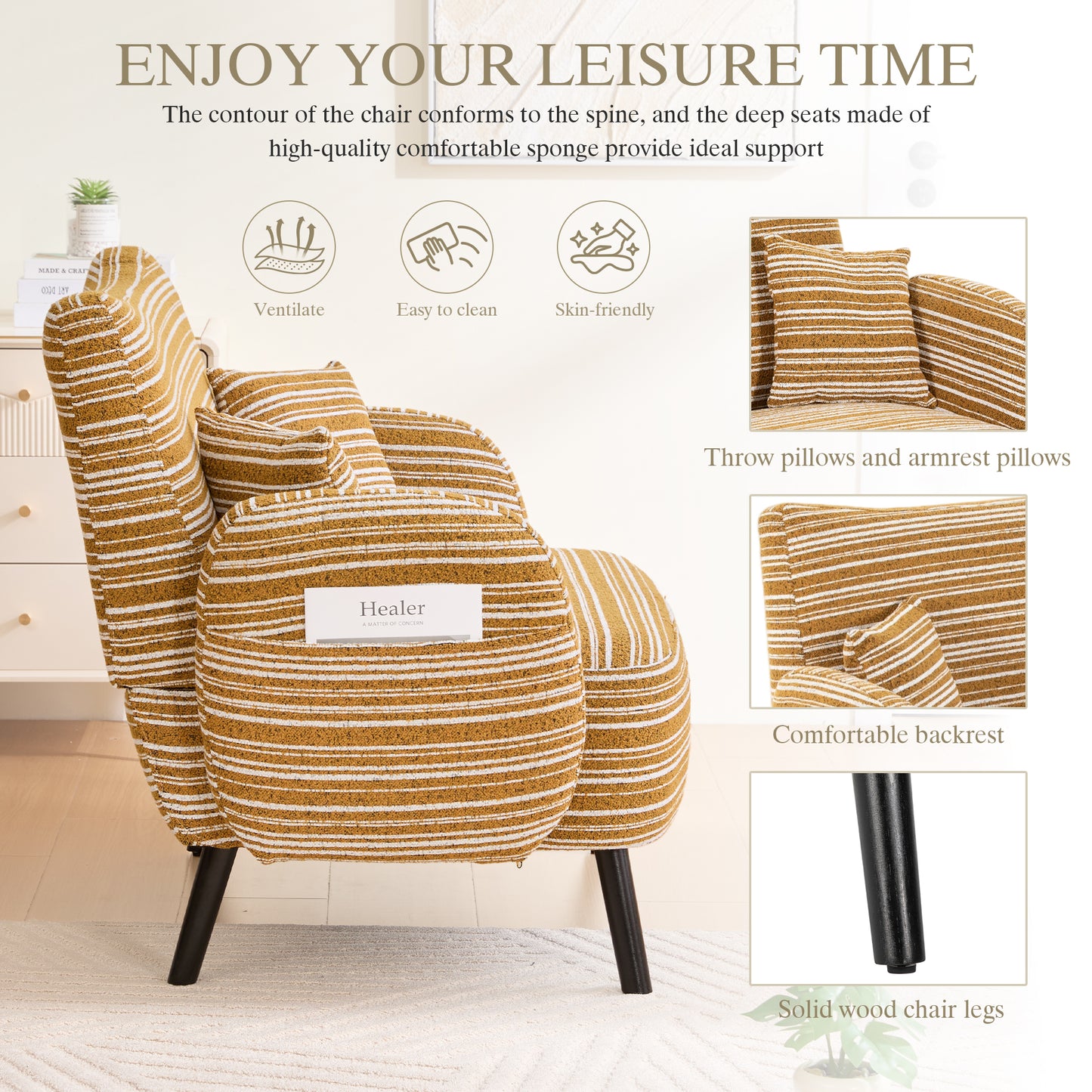Modern Mustard Yellow Two-Seater Sofa with Storage Pockets