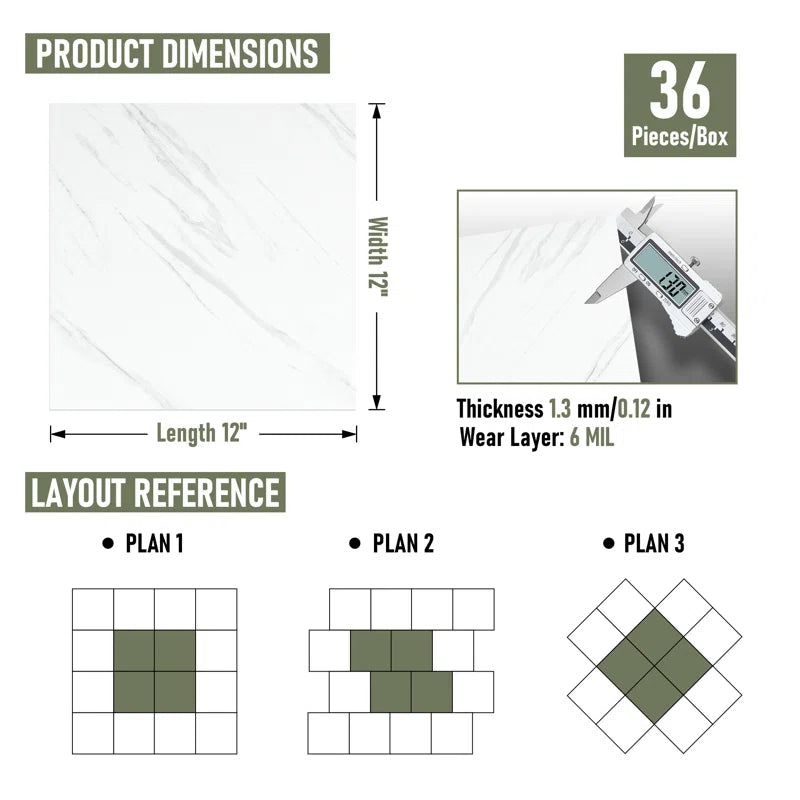 Peel and Stick Vinyl Floor Tiles - 36 Sq. Ft. - 12x12 Inches