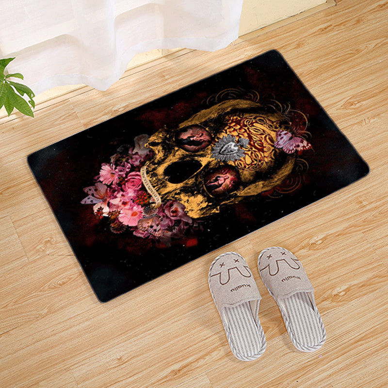 Halloween Flannel Floor Mat Non-Slip Bathroom Door Rug Skull Design