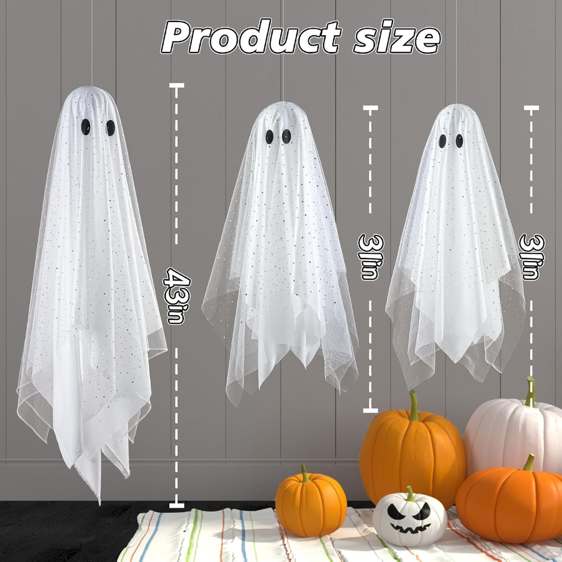 3-Piece Hanging Ghost Decoration Set with Remote-Controlled Lights