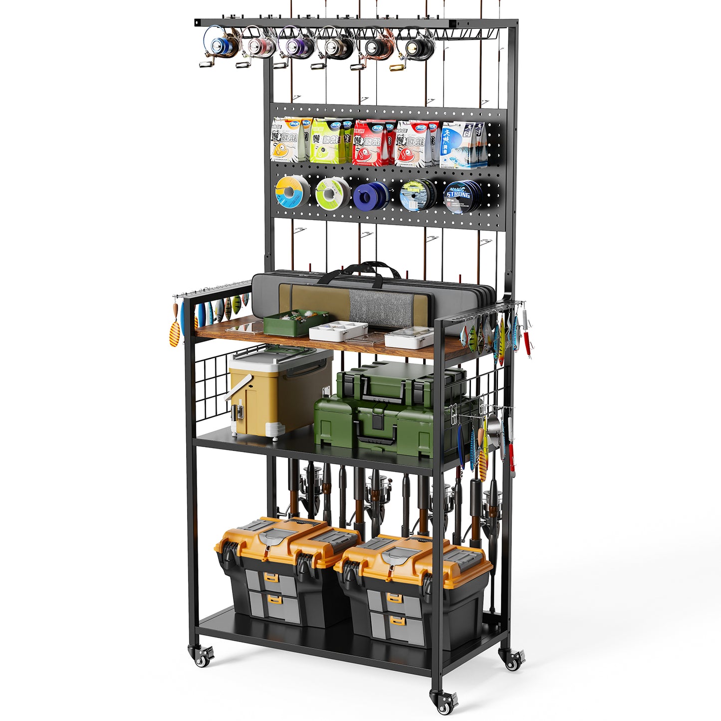 Fishing Rod Storage Rack with Pegboard - Rolling Tackle Organizer Cart