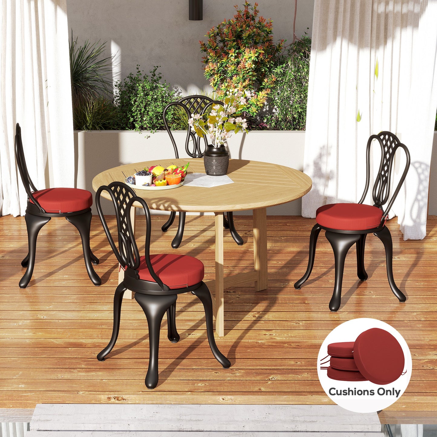 Round Patio Chair Cushions Set of 4 - Wine Red, 15" Diameter
