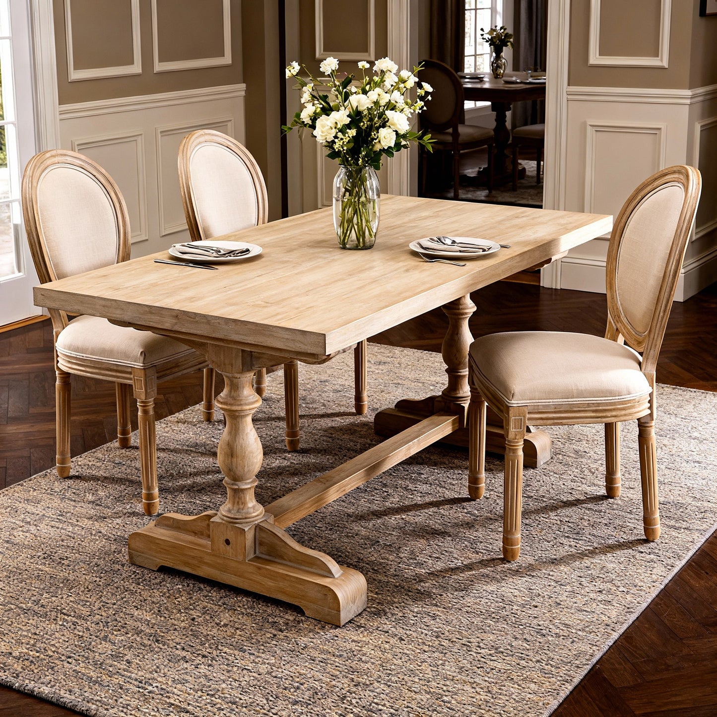 Beige French Style Solid Wood Frame Oval Back Dining Chairs - Set of 2