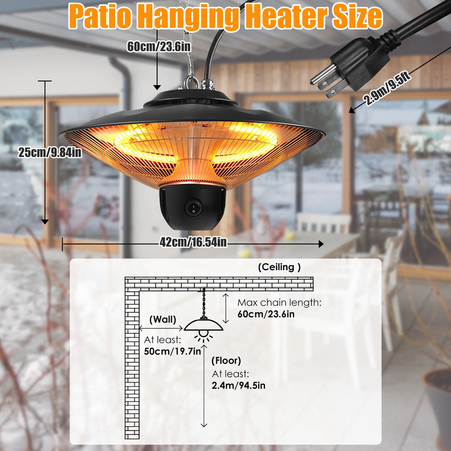 1500W Outdoor Ceiling Mount Patio Heater IP23 Waterproof with Remote & Timer - Black